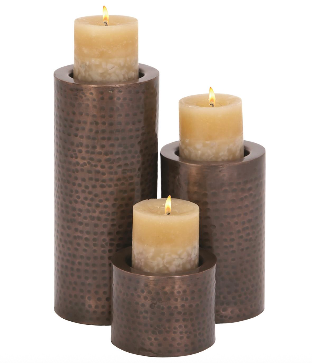 Bronze Hammered Pillar Candleholders, Set of 3
