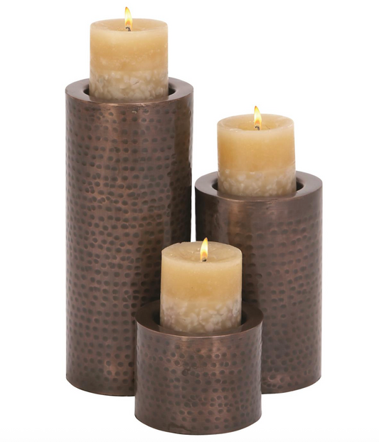 Bronze Hammered Pillar Candleholders, Set of 3