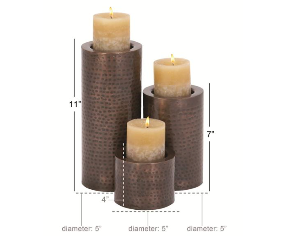 Bronze Hammered Pillar Candleholders, Set of 3
