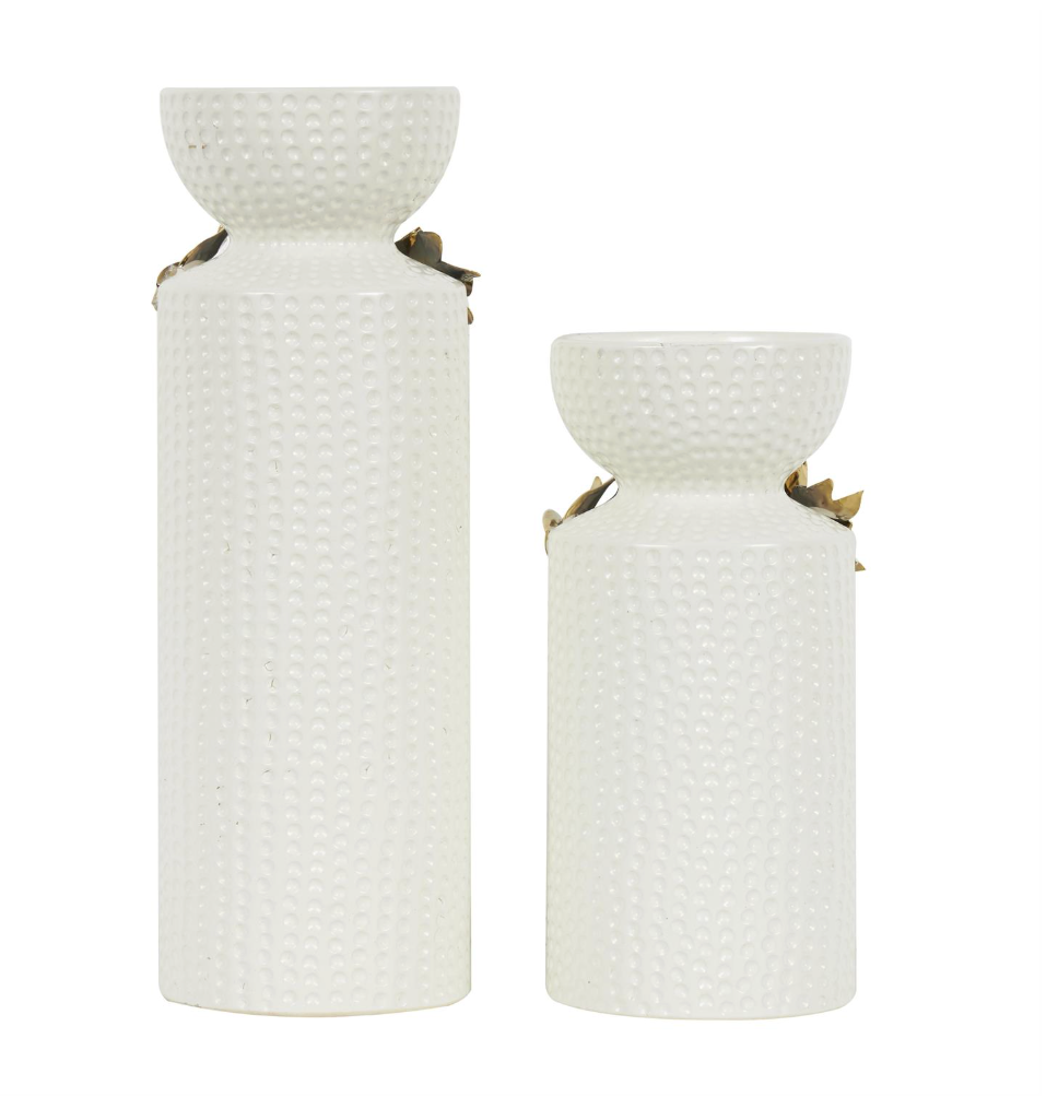 White and Gold Ceramic Pillar Candleholders, Set of 2