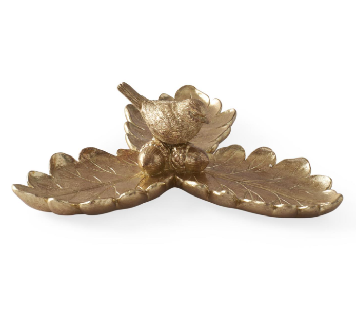 8.75" Gold Resin Leaf Tray w/ Bird