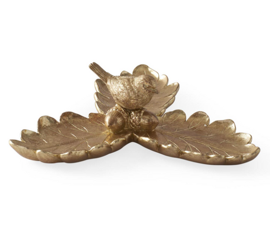 8.75" Gold Resin Leaf Tray w/ Bird