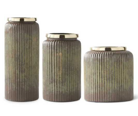 Glass Ribbed Dark Patina w/ Gold Vases (Various Sizes)