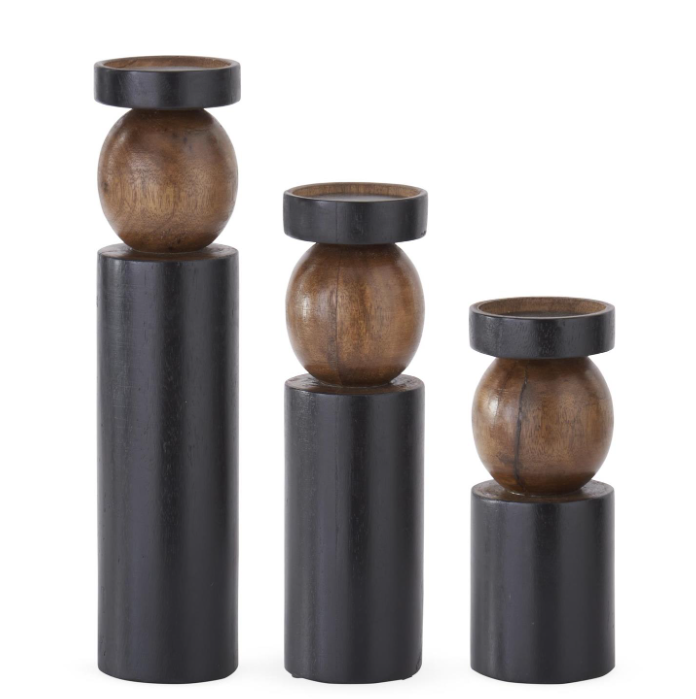 Black & Brown Wooden Ball Candleholders, Set of 3