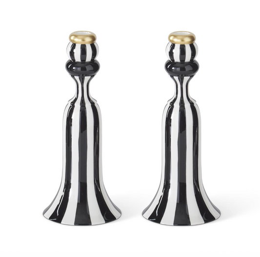 10" Black & White Striped Ceramic Tapered Candleholders, Set of 2