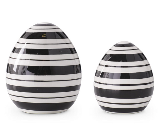 Black & White Striped Ceramic Tabletop Eggs, Set of 2