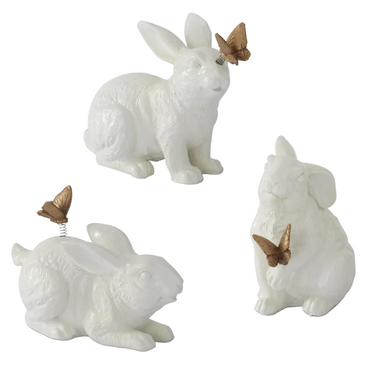 4.5" Glossy White Resin Rabbits w/ Gold Butterflies (Various Styles)