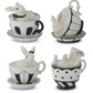 3.25" White Resin Bunnies in Black & White Teacups (Various Styles)