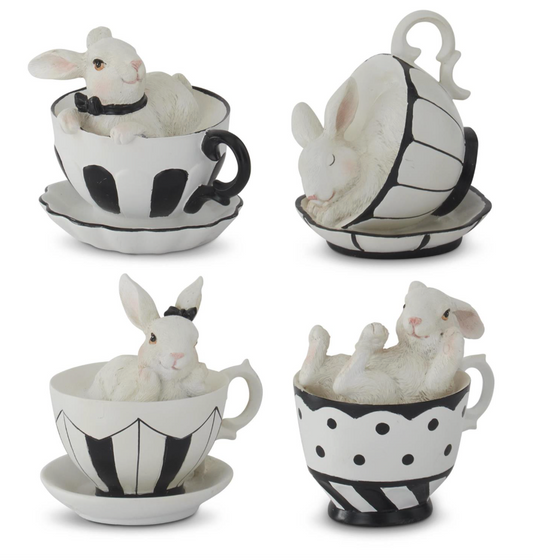 3.25" White Resin Bunnies in Black & White Teacups (Various Styles)