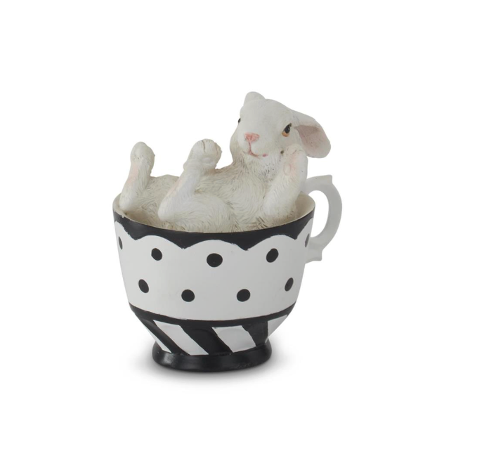 3.25" White Resin Bunnies in Black & White Teacups (Various Styles)