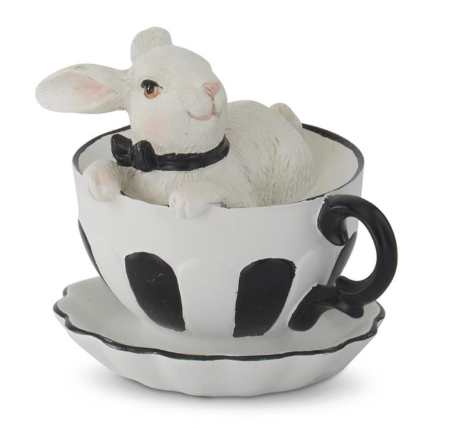 3.25" White Resin Bunnies in Black & White Teacups (Various Styles)