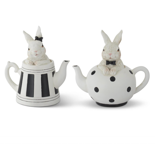 5.75" White Resin Bunnies in Black & White Teapots (Various Styles)