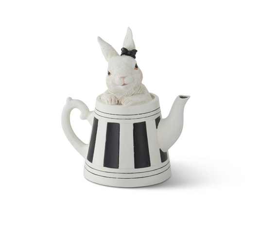 5.75" White Resin Bunnies in Black & White Teapots (Various Styles)