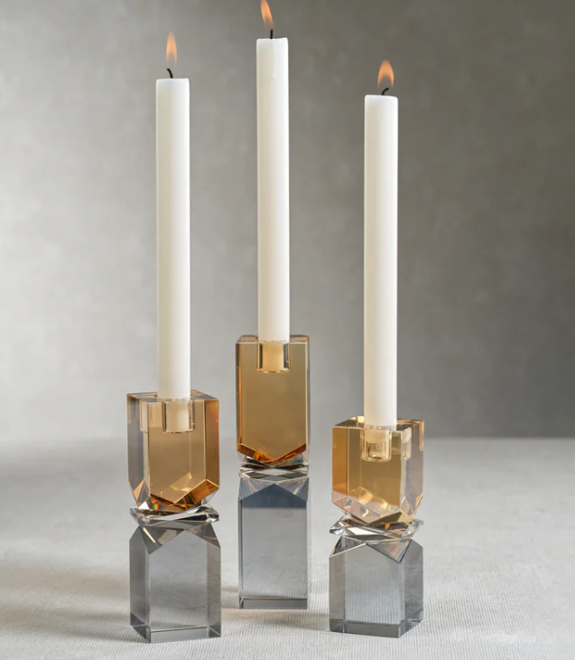 Vienna Two-Tone Crystal Candle Holder - Smoke & Gold (Tall)