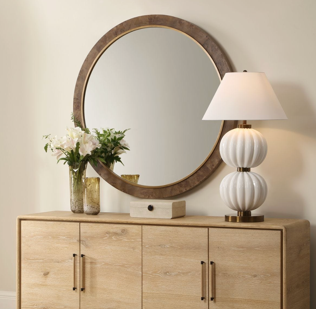 Cleveland Round Mirror, Burl Wood