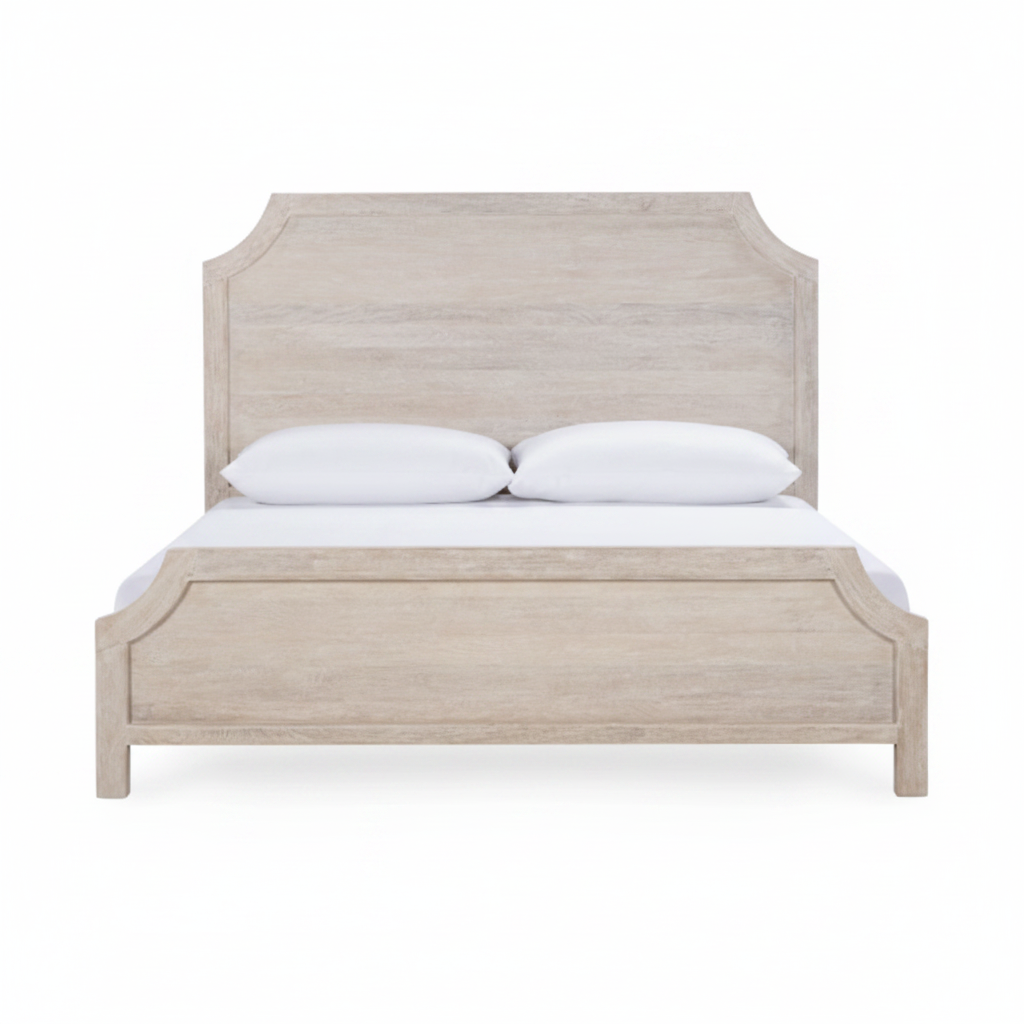 Wooden bed with white bedding on a white background