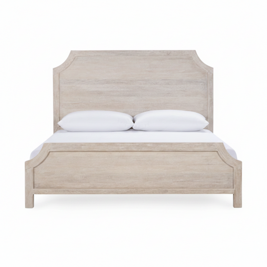 Wooden bed with white bedding on a white background