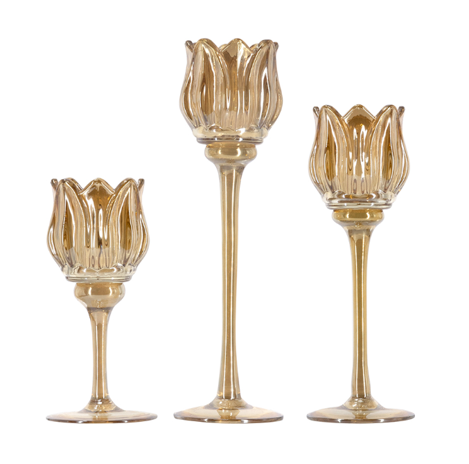 Amber Glass Tulip Candle Holders, Set of 3