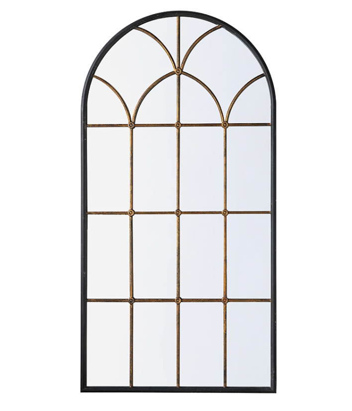 Arched Gold and Black Windowpane Mirror