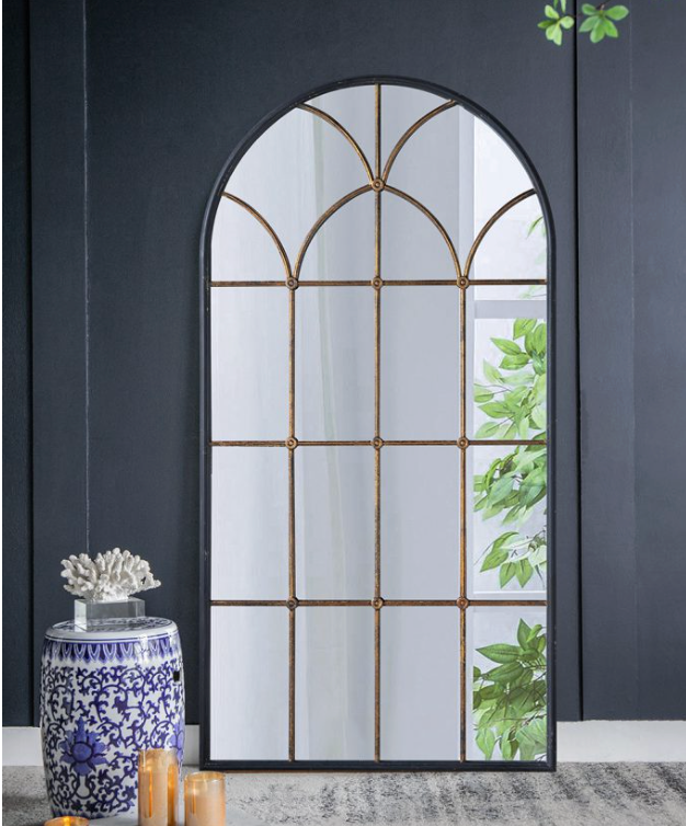 Arched Gold and Black Windowpane Mirror