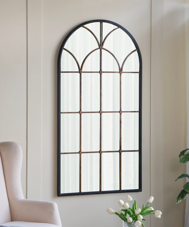 Arched Gold and Black Windowpane Mirror