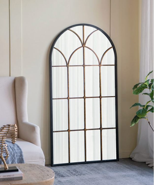 Arched Gold and Black Windowpane Mirror