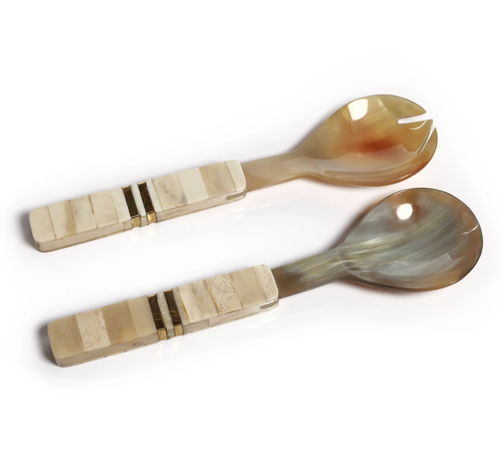 Variegated Horn w/ Bone and Brass Trim Salad Server Set