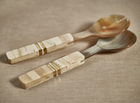 Variegated Horn w/ Bone and Brass Trim Salad Server Set