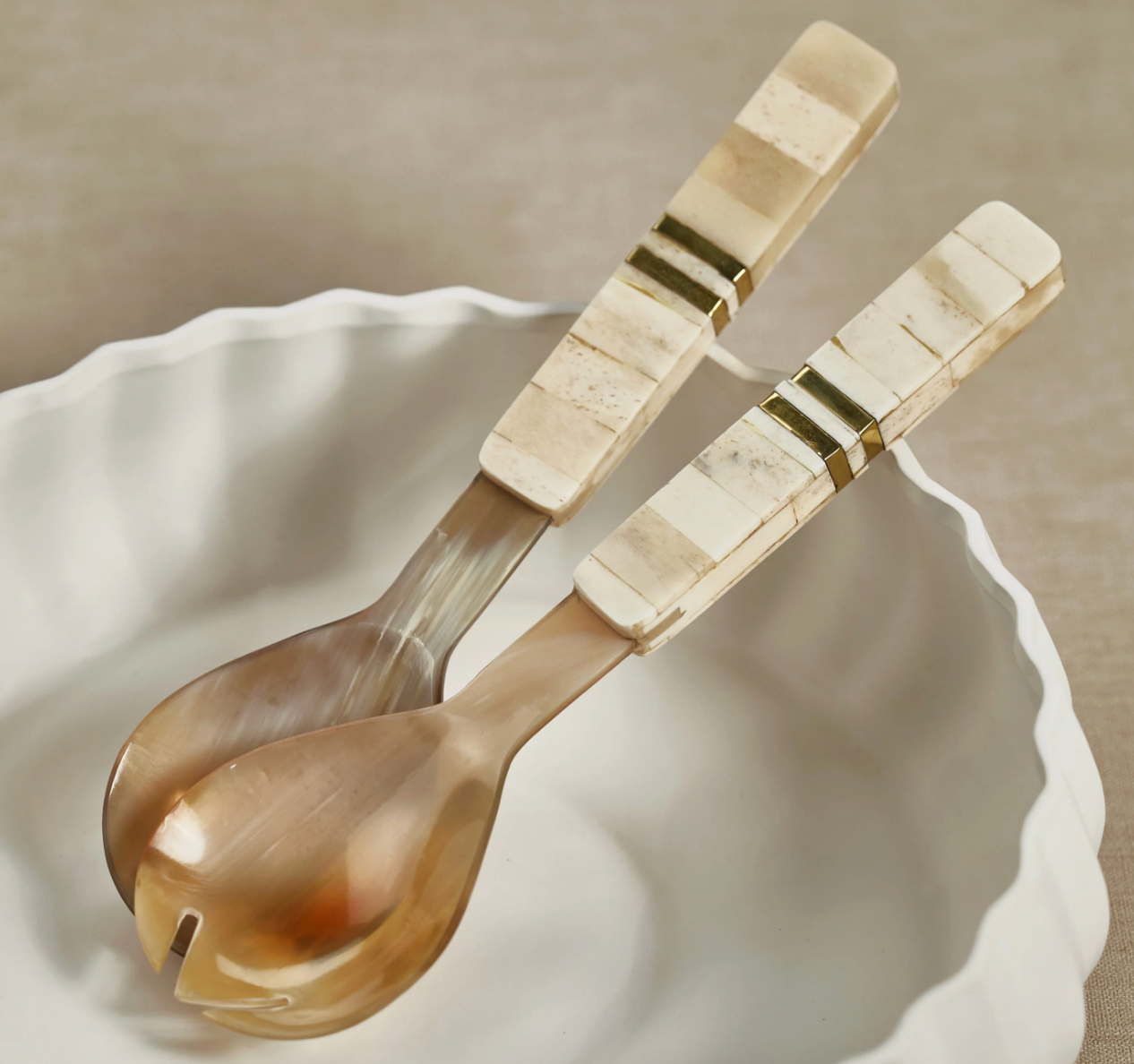 Variegated Horn w/ Bone and Brass Trim Salad Server Set