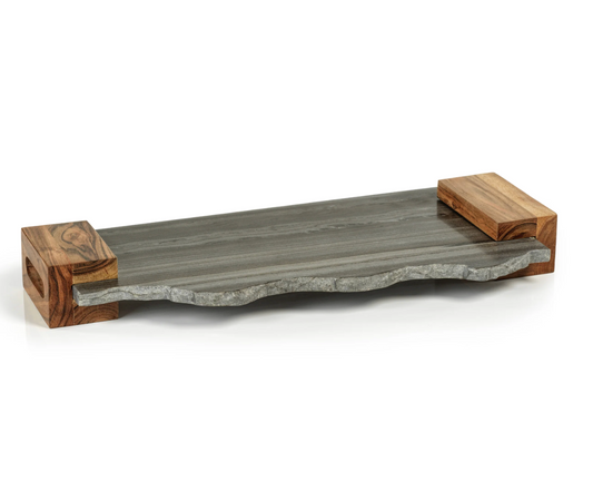Nairobi Gray Marble Tray w/ Acacia Handles
