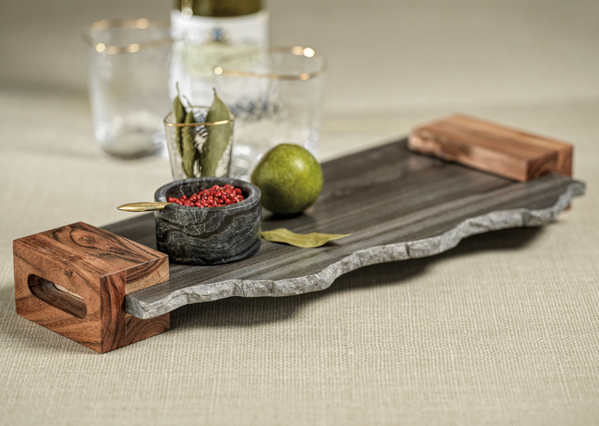 Nairobi Gray Marble Tray w/ Acacia Handles