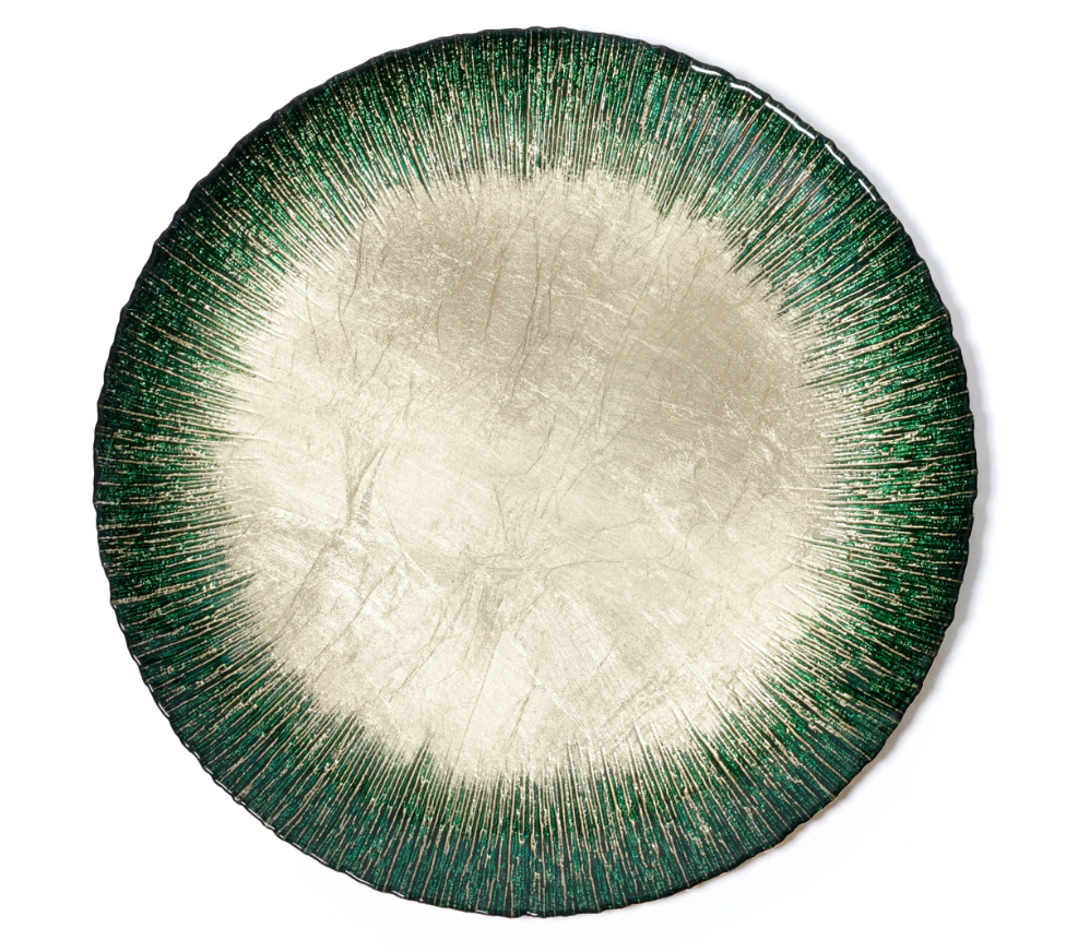 Gold & Green 13" Celestial Rim Glass Dessert Plate