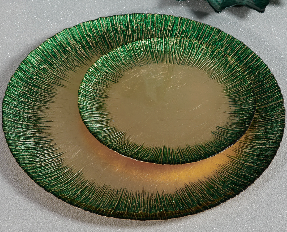 Gold & Green 13" Celestial Rim Glass Dessert Plate