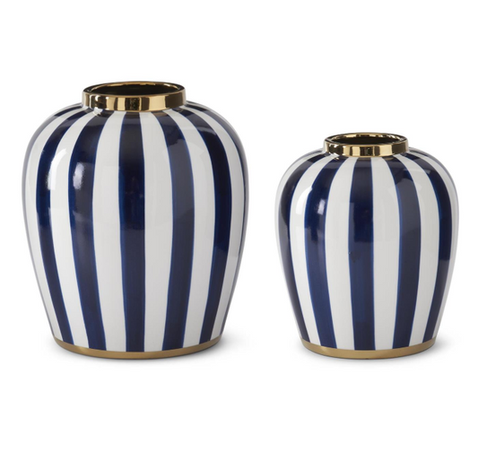 Blue & White Striped Ceramic Vases w/ Gold Rims (Various Sizes)