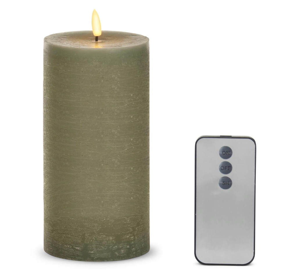7.75" Green LED Wax Pillar Candle w/ Timer & Remote
