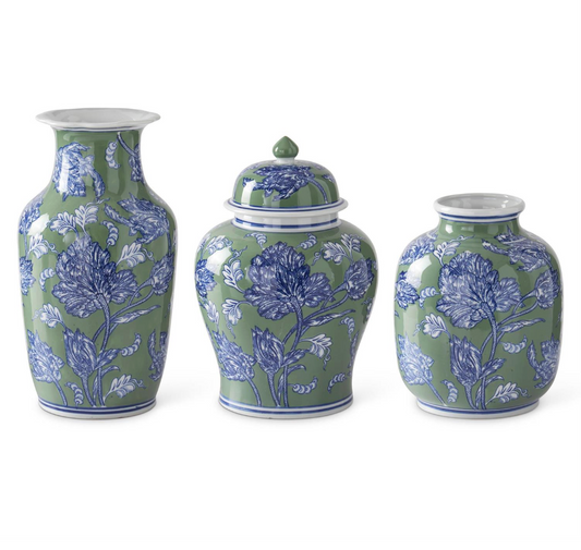 Blue Green & White Floral Ceramic Vases (Various Sizes)