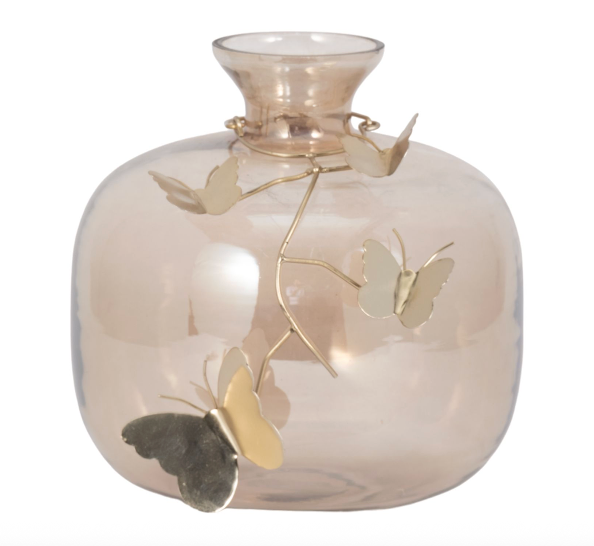 Amber Glass Vase w/ Gold Butterflies