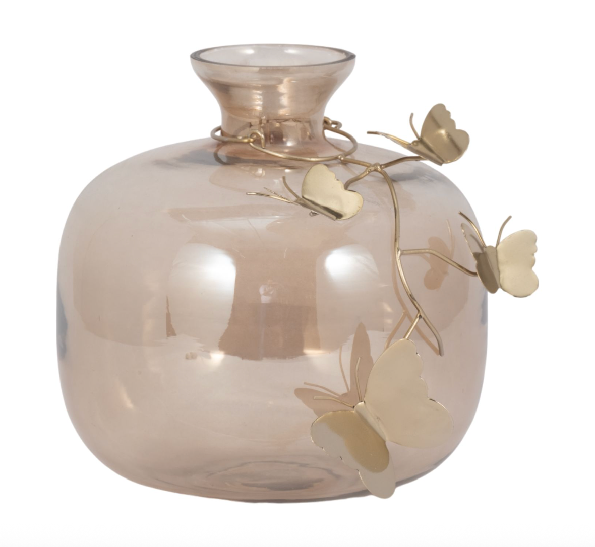 Amber Glass Vase w/ Gold Butterflies