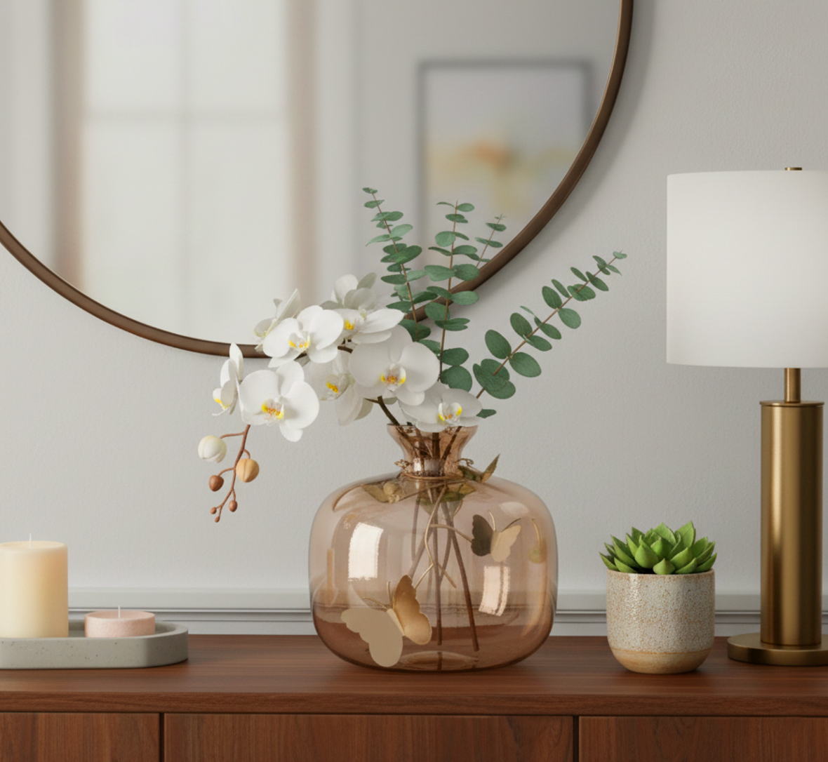 Amber Glass Vase w/ Gold Butterflies