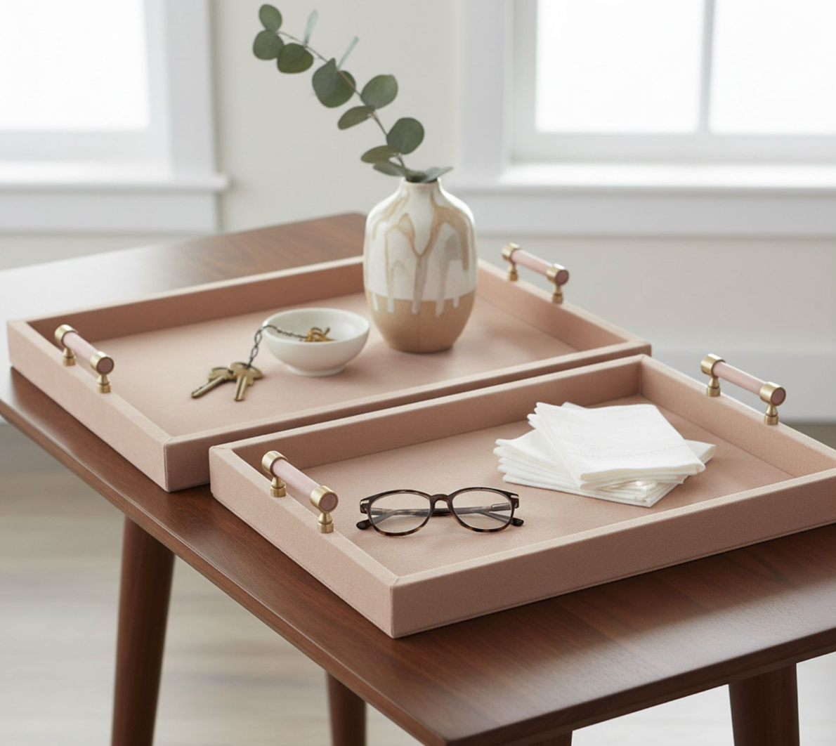 Tan Suede Trays with Pink Selenite Handles (Various Sizes)