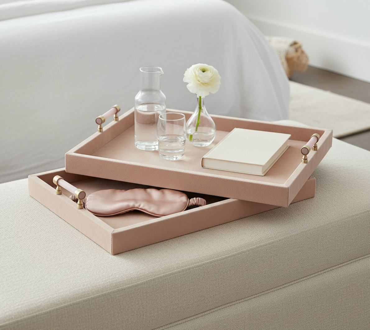 Tan Suede Trays with Pink Selenite Handles (Various Sizes)