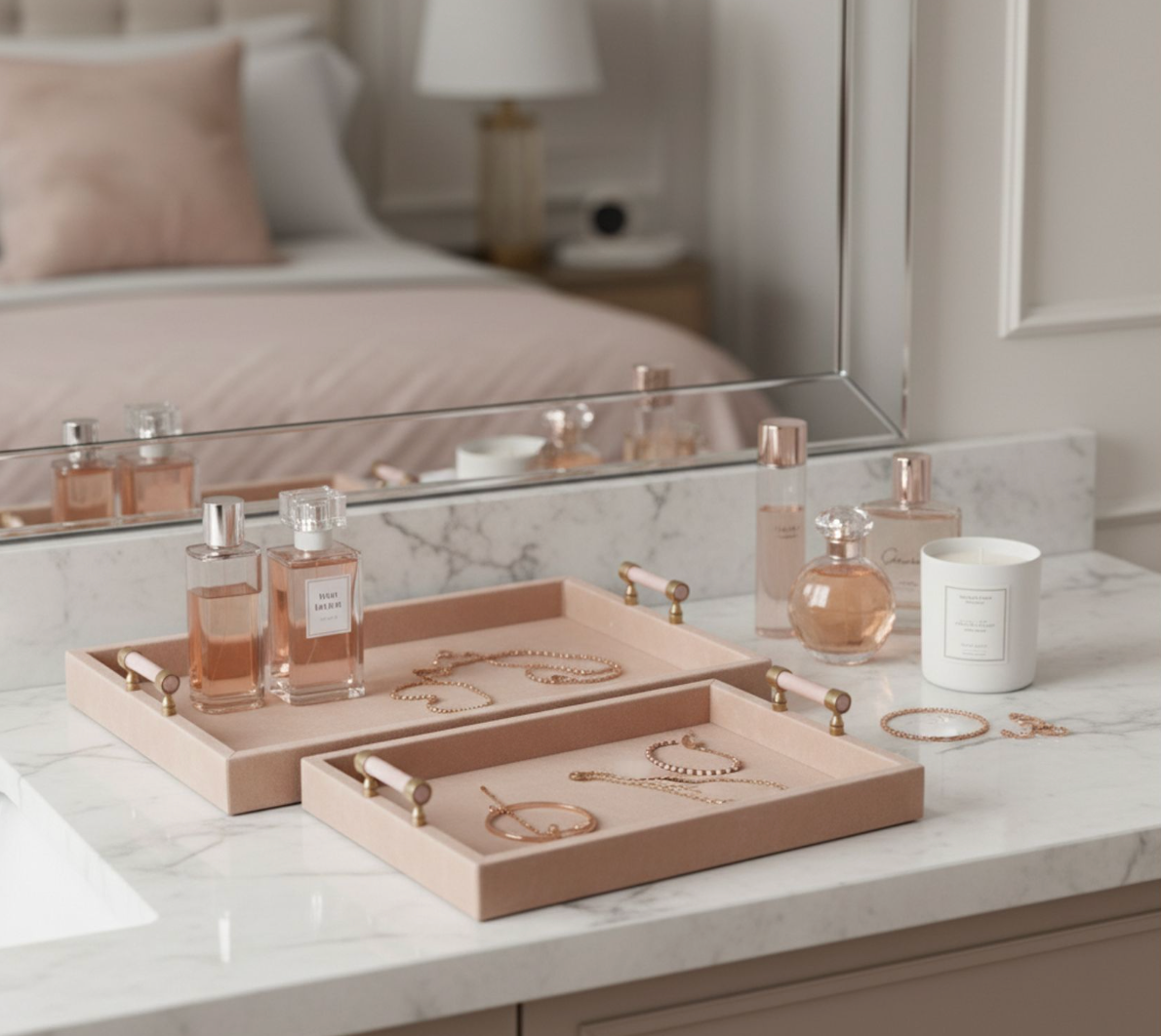 Tan Suede Trays with Pink Selenite Handles (Various Sizes)
