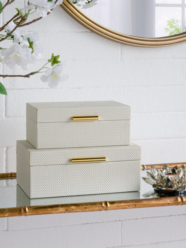 White Faux Leather Storage Box w/ Gold Handle (Various Sizes)