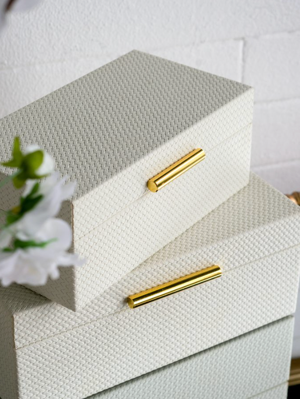 White Faux Leather Storage Box w/ Gold Handle (Various Sizes)
