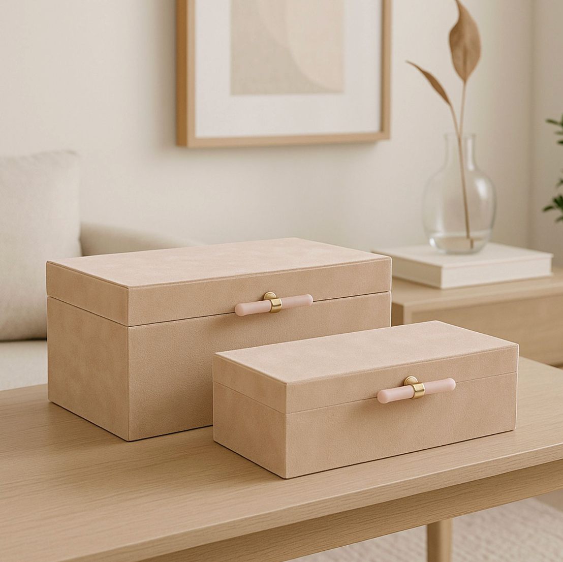 Tan Suede Boxes with Pink Selenite Handles (Various Sizes)