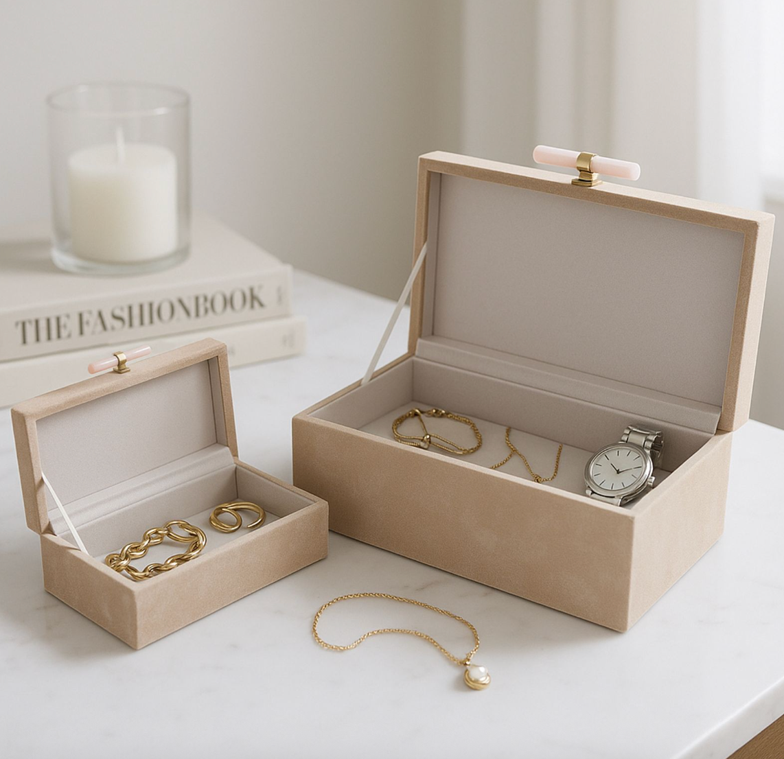 Tan Suede Boxes with Pink Selenite Handles (Various Sizes)