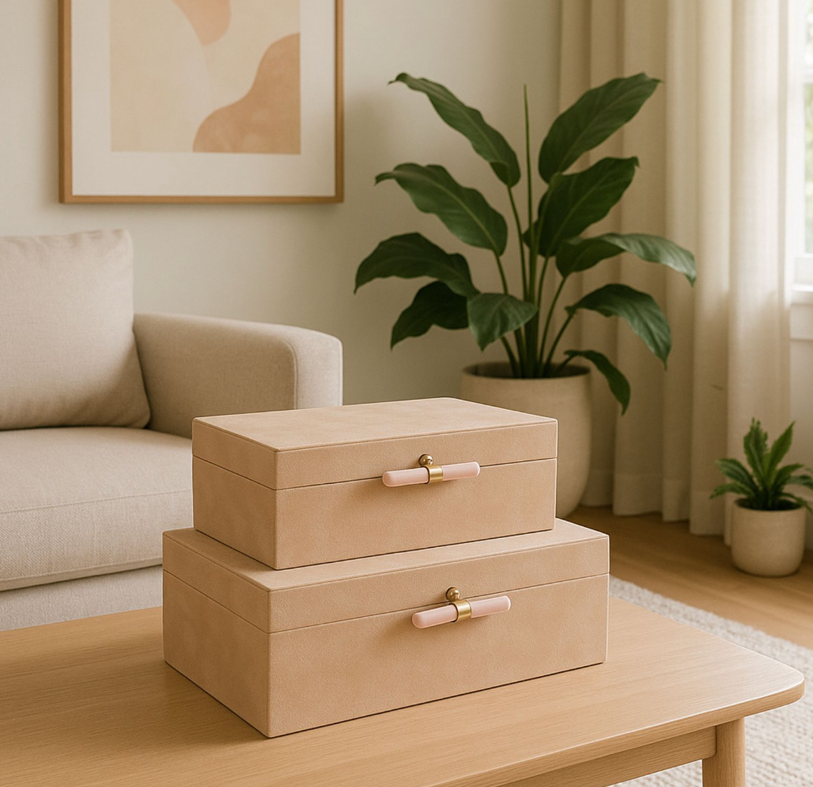 Tan Suede Boxes with Pink Selenite Handles (Various Sizes)
