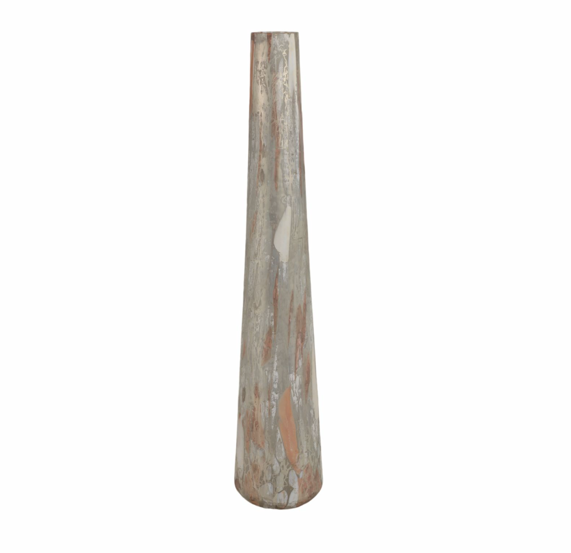 Tall, thin vase with a textured surface on a white background