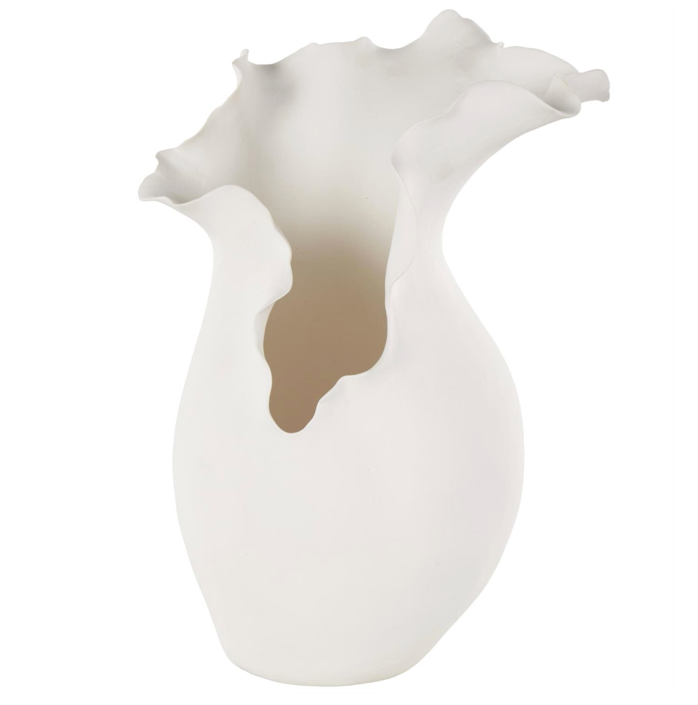 White Abstract Floral Vase w/ Wavy Rim