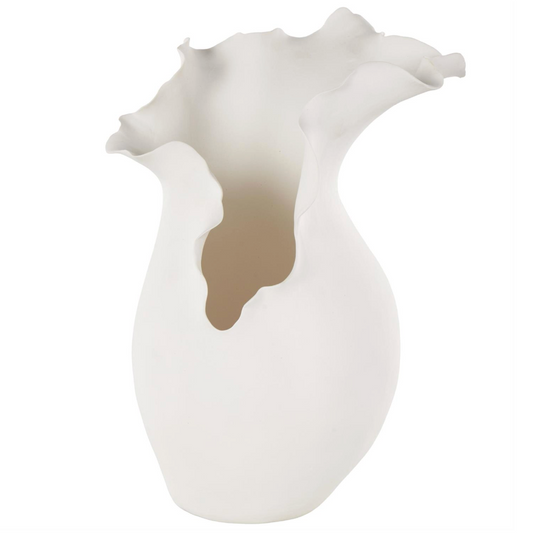 White Abstract Floral Vase w/ Wavy Rim